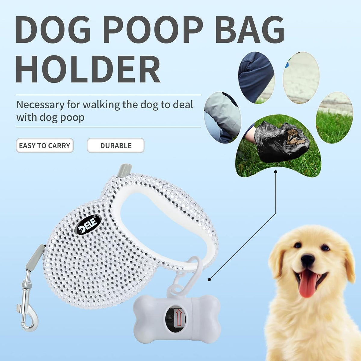 Retractable Dog Leash, Pet Walking Leash with Anti-Slip Handle, Strong Nylon Tape, 360°Tangle-Free, Suitable for Small Medium Dog Cat, Gift Waste Bags Dispenser Included,10 Ft,White