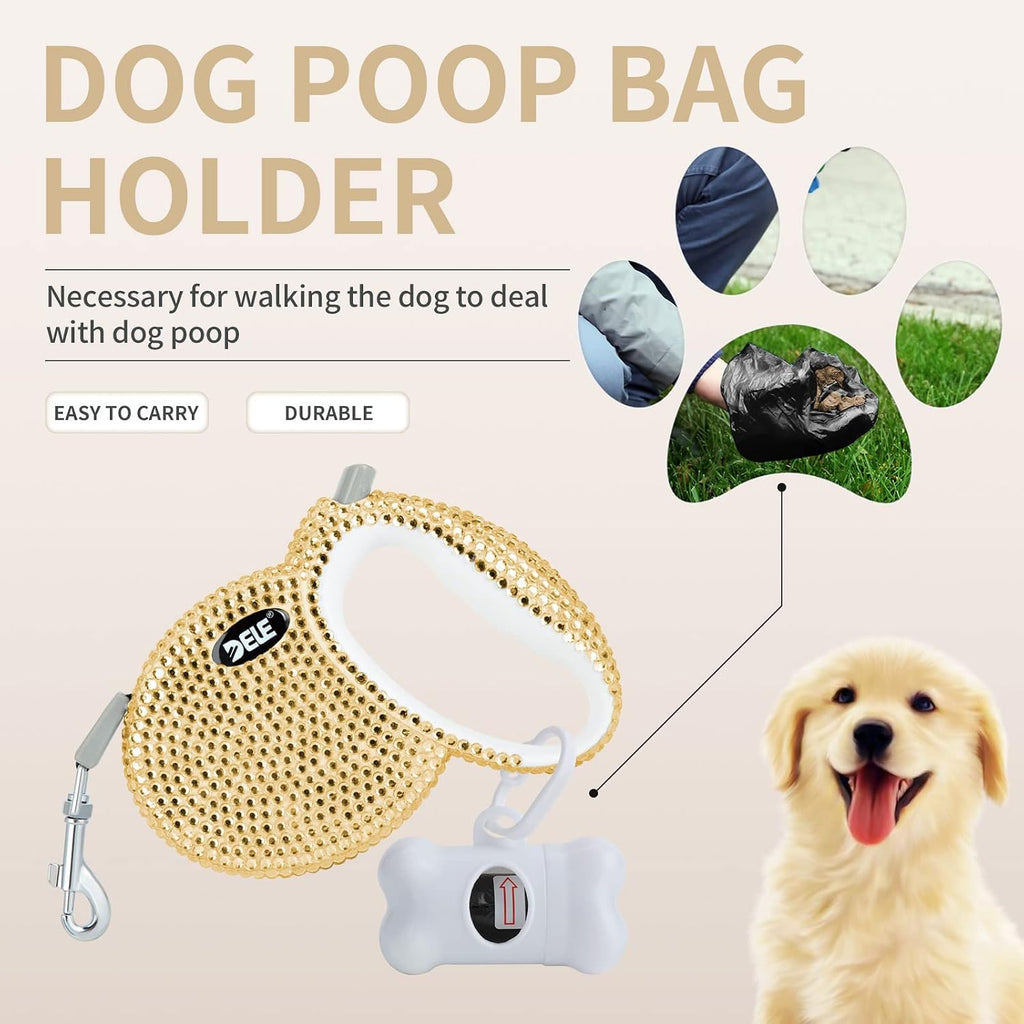 Retractable Dog Leash, Pet Walking Leash with Anti-Slip Handle, Strong Nylon Tape, 360°Tangle-Free, Suitable for Small Medium Dog Cat, Gift Waste Bags Dispenser Included,10 Ft, Gold