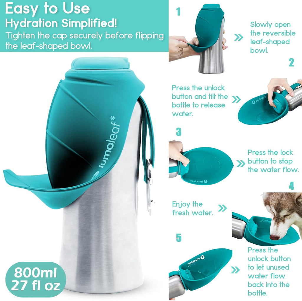 Portable Dog Water Bottle 27 OZ, Stainless Steel Pet Travel Water Bottle Dispenser for Walking, Hiking and Outdoor, Portable Water Bowl for Large Dogs (Blue)