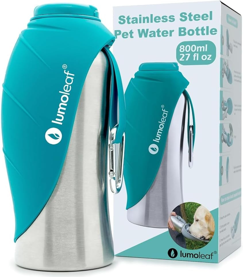 Portable Dog Water Bottle 27 OZ, Stainless Steel Pet Travel Water Bottle Dispenser for Walking, Hiking and Outdoor, Portable Water Bowl for Large Dogs (Blue)