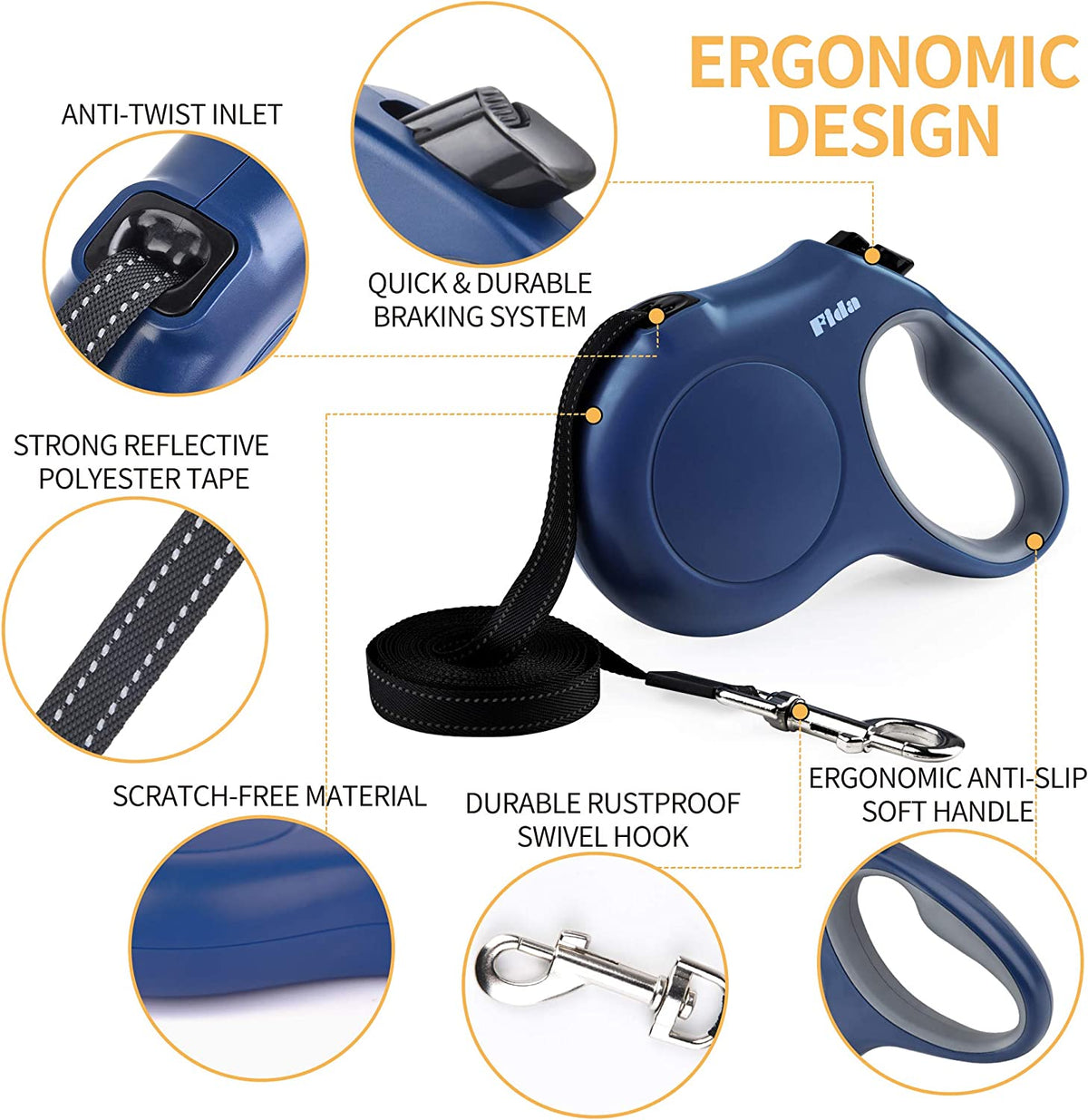 Retractable Dog Leash with Dispenser and Poop Bags, 10 Ft, Navy Blue