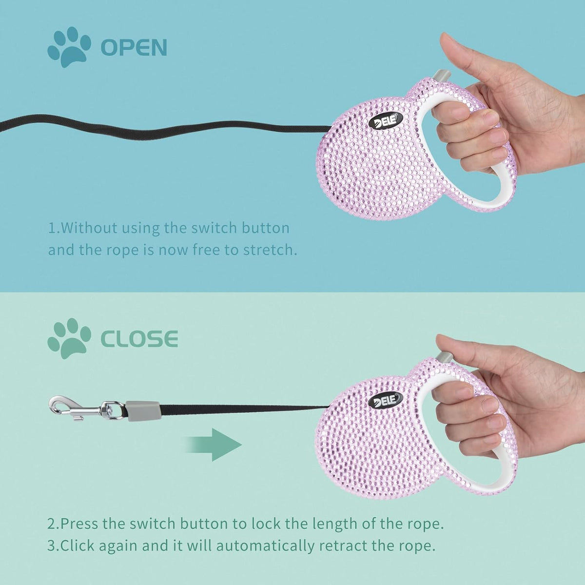 Retractable Dog Leash, Pet Walking Leash with Anti-Slip Handle, Strong Nylon Tape, 360°Tangle-Free, Suitable for Small Medium Dog Cat, Gift Waste Bags Dispenser Included,10 Ft, Pink