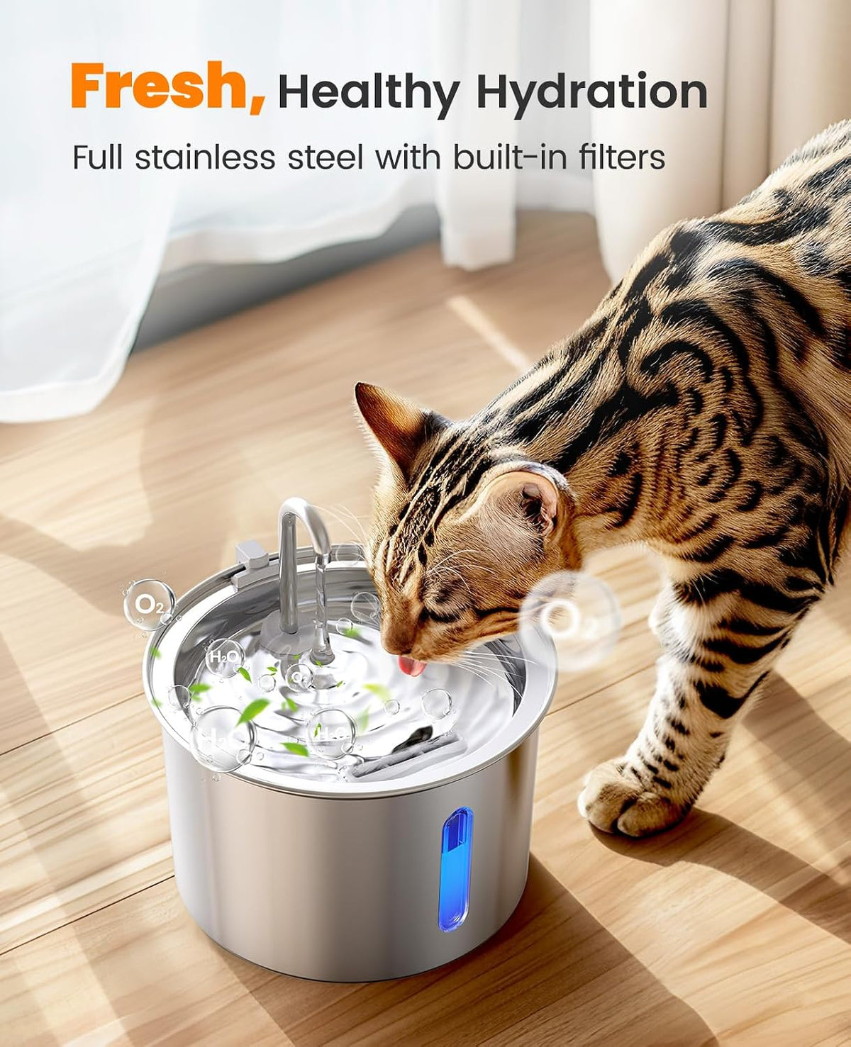 Stainless Steel Cat Water Fountain, 2L Water Fountains for Cats Indoor with Quiet Pump and 3 Replacement Filters, Pet Water Fountain Faucet Spout Design Cat Fountain Drinking Inside, PWF 001
