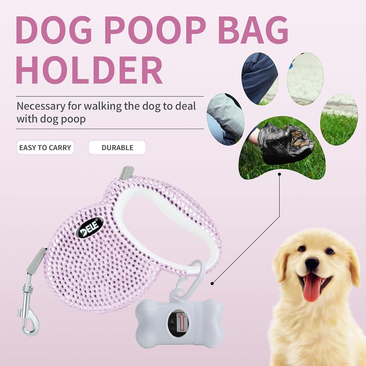 Retractable Dog Leash, Pet Walking Leash with Anti-Slip Handle, Strong Nylon Tape, 360°Tangle-Free, Suitable for Small Medium Dog Cat, Gift Waste Bags Dispenser Included,10 Ft, Pink