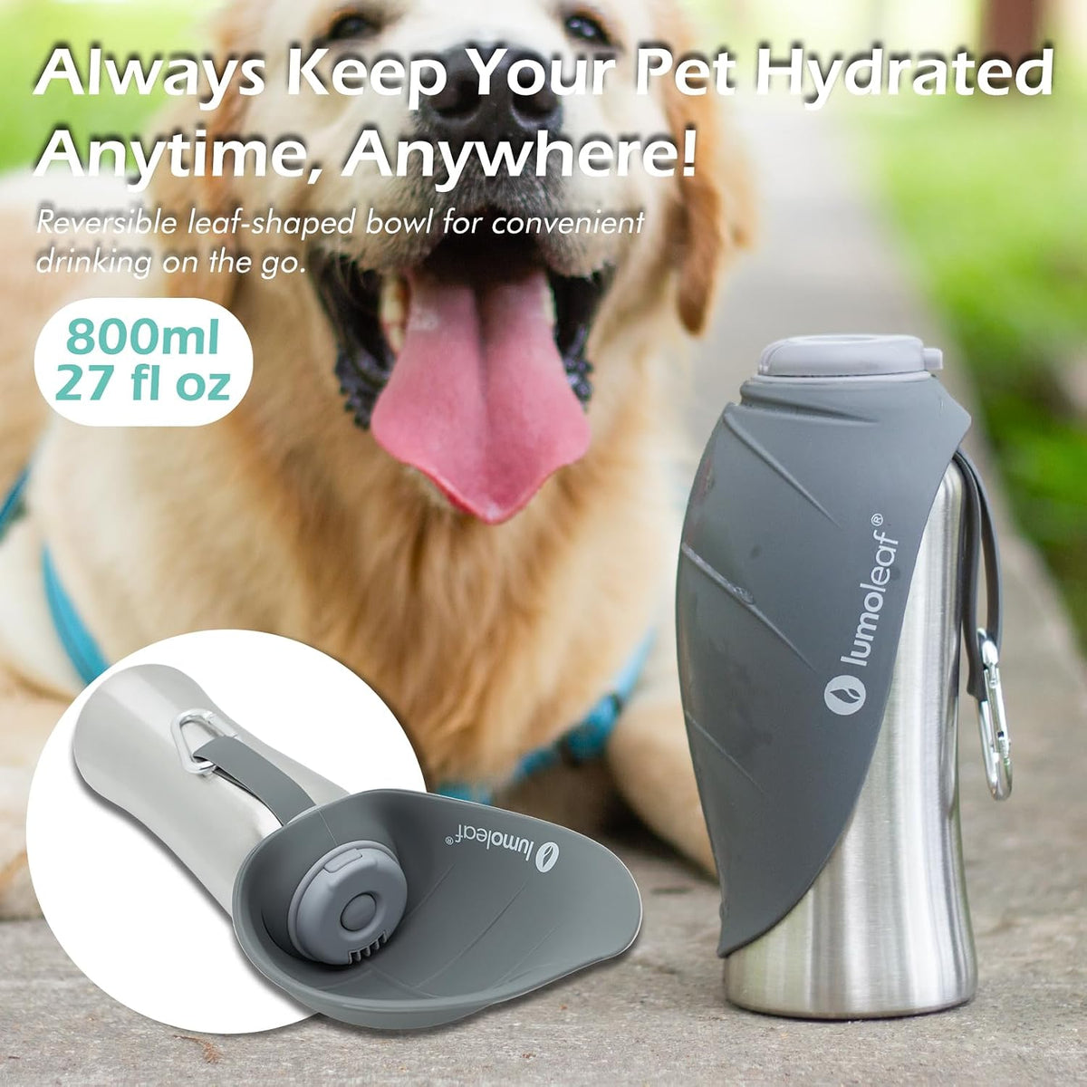Portable Dog Water Bottle 27 OZ, Stainless Steel Pet Travel Water Bottle Dispenser for Walking, Hiking and Outdoor, Portable Water Bowl for Large Dogs (Grey)