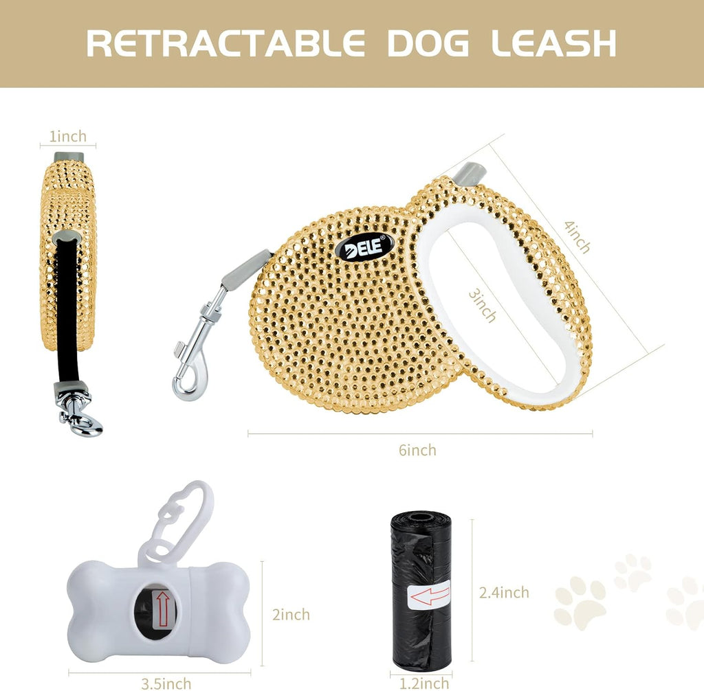 Retractable Dog Leash, Pet Walking Leash with Anti-Slip Handle, Strong Nylon Tape, 360°Tangle-Free, Suitable for Small Medium Dog Cat, Gift Waste Bags Dispenser Included,10 Ft, Gold