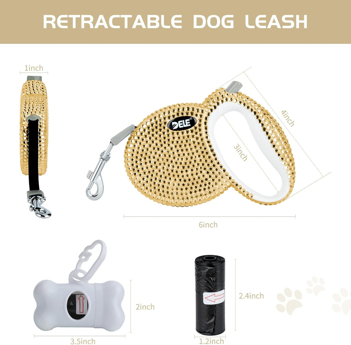 Retractable Dog Leash, Pet Walking Leash with Anti-Slip Handle, Strong Nylon Tape, 360°Tangle-Free, Suitable for Small Medium Dog Cat, Gift Waste Bags Dispenser Included,10 Ft, Gold