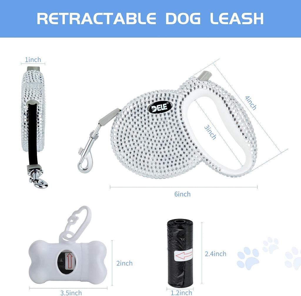 Retractable Dog Leash, Pet Walking Leash with Anti-Slip Handle, Strong Nylon Tape, 360°Tangle-Free, Suitable for Small Medium Dog Cat, Gift Waste Bags Dispenser Included,10 Ft,White
