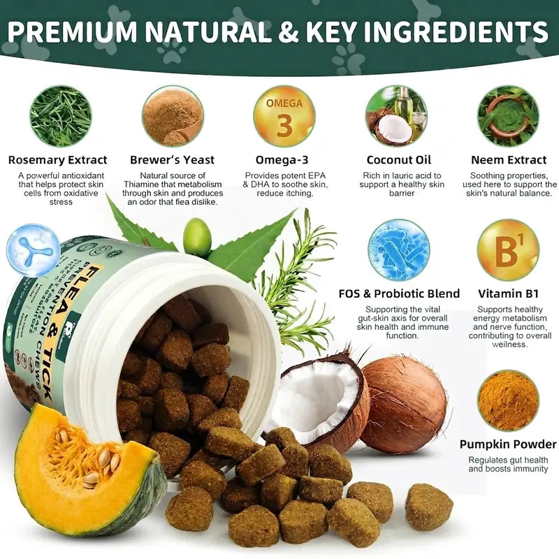 150Ct-Petrivium Dog Flea & Tick Support Soft Chews - Natural Pesticide-Free Vitamin Supplement with Rosemary Repel, Chicken Flavor, Suitable for Puppies & All Breeds/Sizes