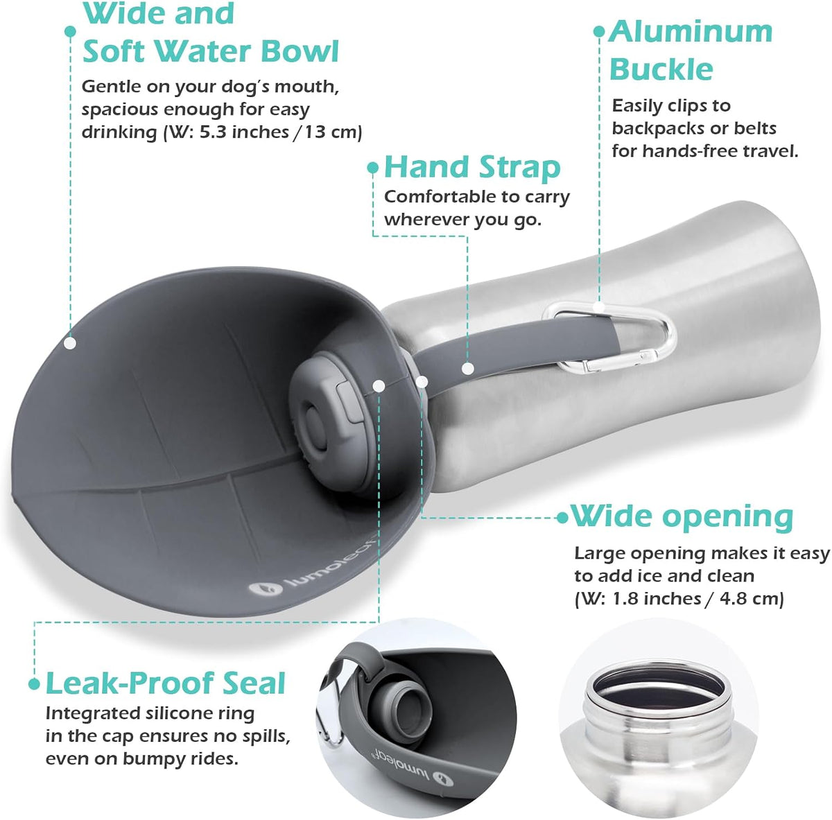 Portable Dog Water Bottle 27 OZ, Stainless Steel Pet Travel Water Bottle Dispenser for Walking, Hiking and Outdoor, Portable Water Bowl for Large Dogs (Grey)