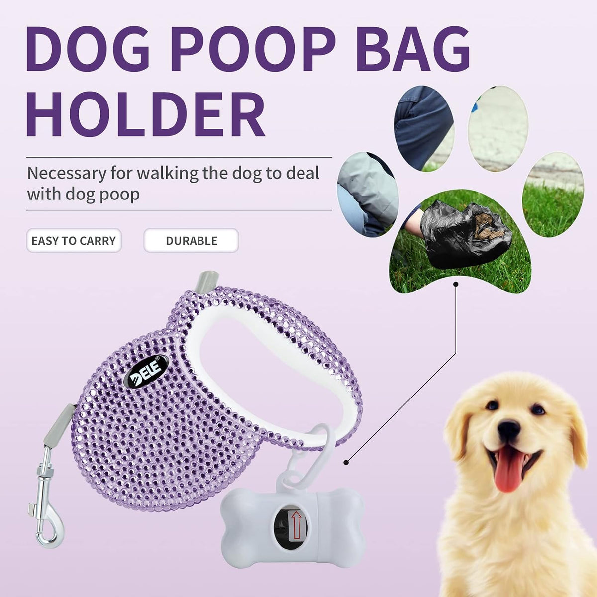 Retractable Dog Leash, Pet Walking Leash with Anti-Slip Handle, Strong Nylon Tape, 360°Tangle-Free, Suitable for Small Medium Dog Cat, Gift Waste Bags Dispenser Included,10 Ft, Purple