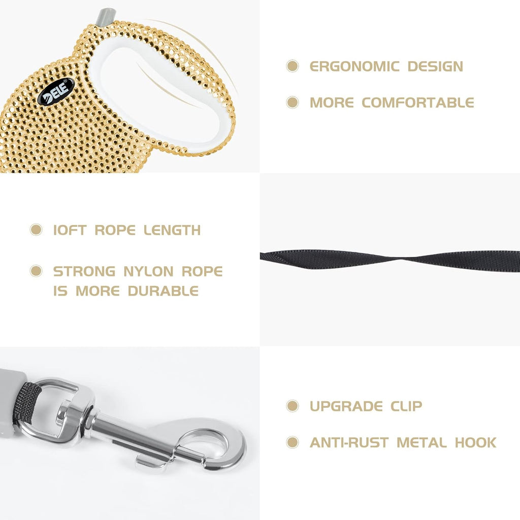 Retractable Dog Leash, Pet Walking Leash with Anti-Slip Handle, Strong Nylon Tape, 360°Tangle-Free, Suitable for Small Medium Dog Cat, Gift Waste Bags Dispenser Included,10 Ft, Gold