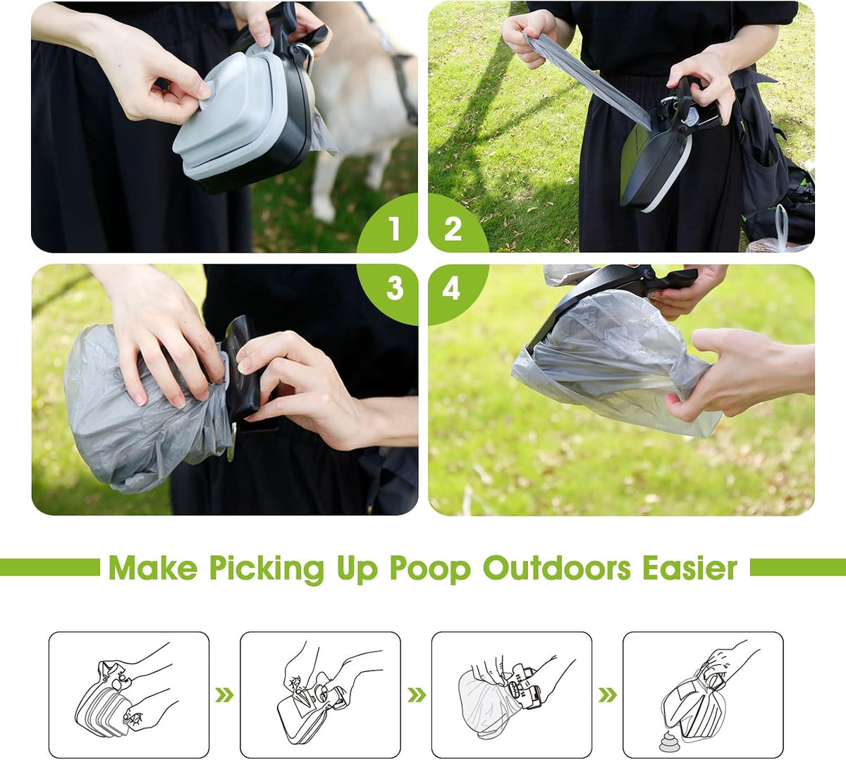 SUPERDESIGN Portable and Versatile Pet Poop Scooper, Ideal for Walking Traveling and Camping with Small and Large with Cleash Clip and Garbage Bag Bin Dogs Poop Scooper Small