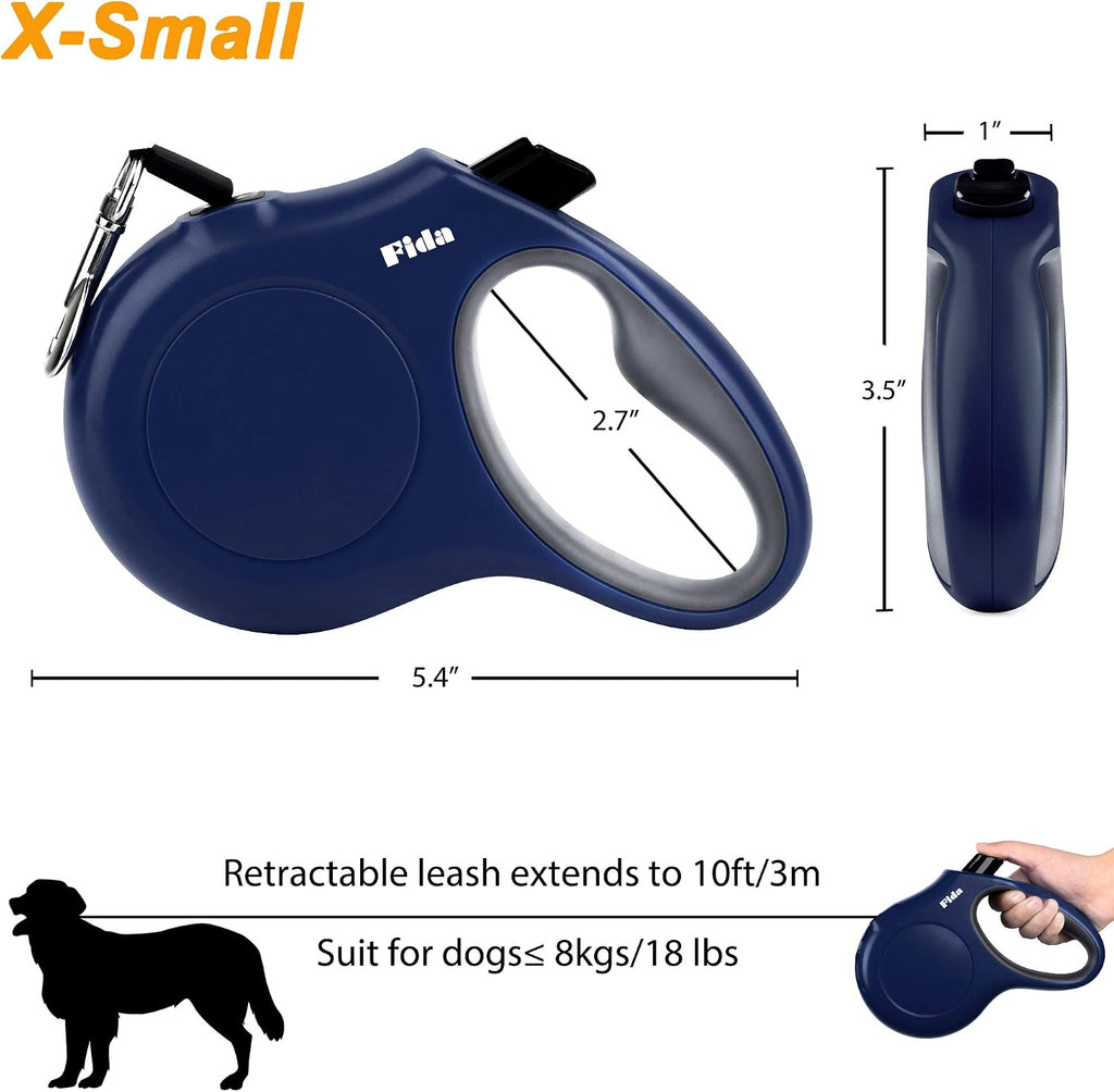Retractable Dog Leash with Dispenser and Poop Bags, 10 Ft, Navy Blue