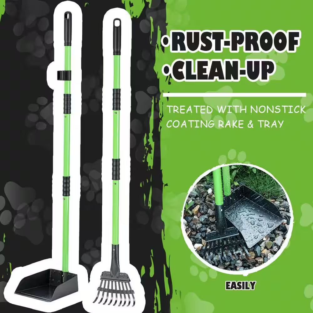 2-Piece Pet Poop Scooper Set with Long Handle Poop Picker Upper and Durable Metal Tray and Rake Garden Tool Set