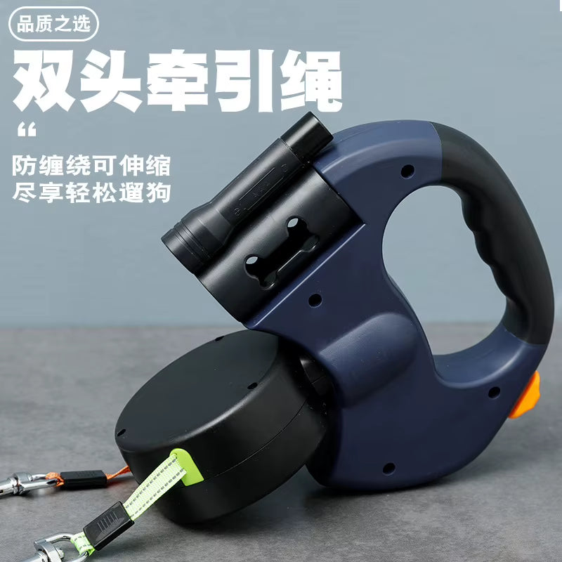 Anti-Pull Small Dog Retractable Leash Double Reflective Pet Leash Tangle-Free Double Dog Walking Leash with Lights