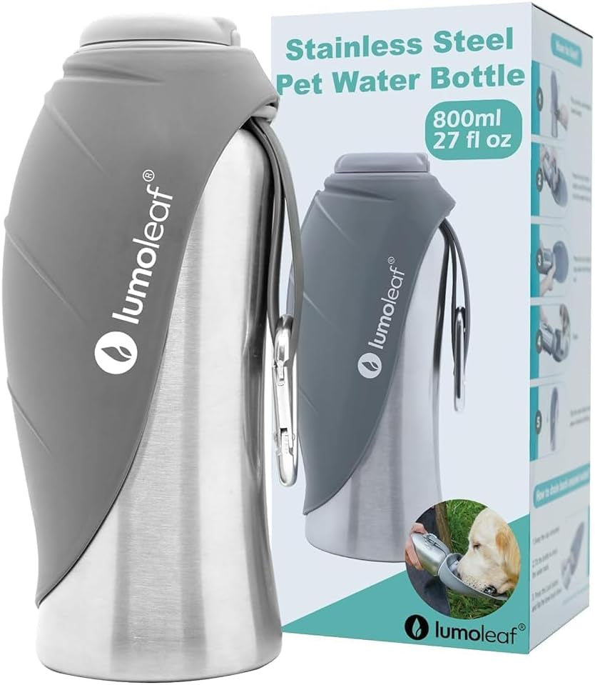 Portable Dog Water Bottle 27 OZ, Stainless Steel Pet Travel Water Bottle Dispenser for Walking, Hiking and Outdoor, Portable Water Bowl for Large Dogs (Grey)