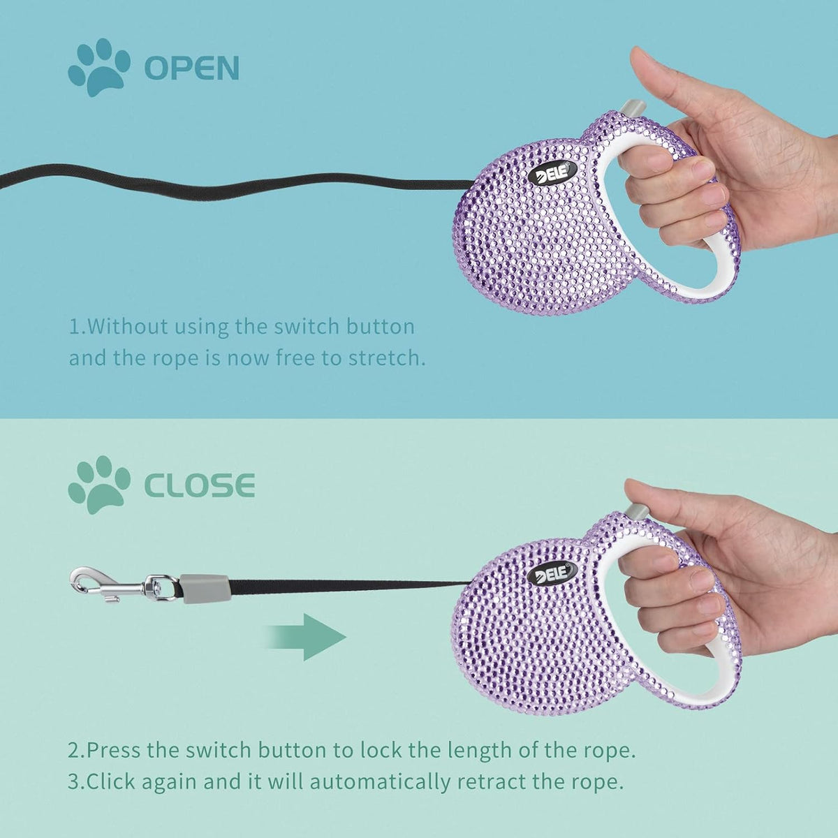 Retractable Dog Leash, Pet Walking Leash with Anti-Slip Handle, Strong Nylon Tape, 360°Tangle-Free, Suitable for Small Medium Dog Cat, Gift Waste Bags Dispenser Included,10 Ft, Purple