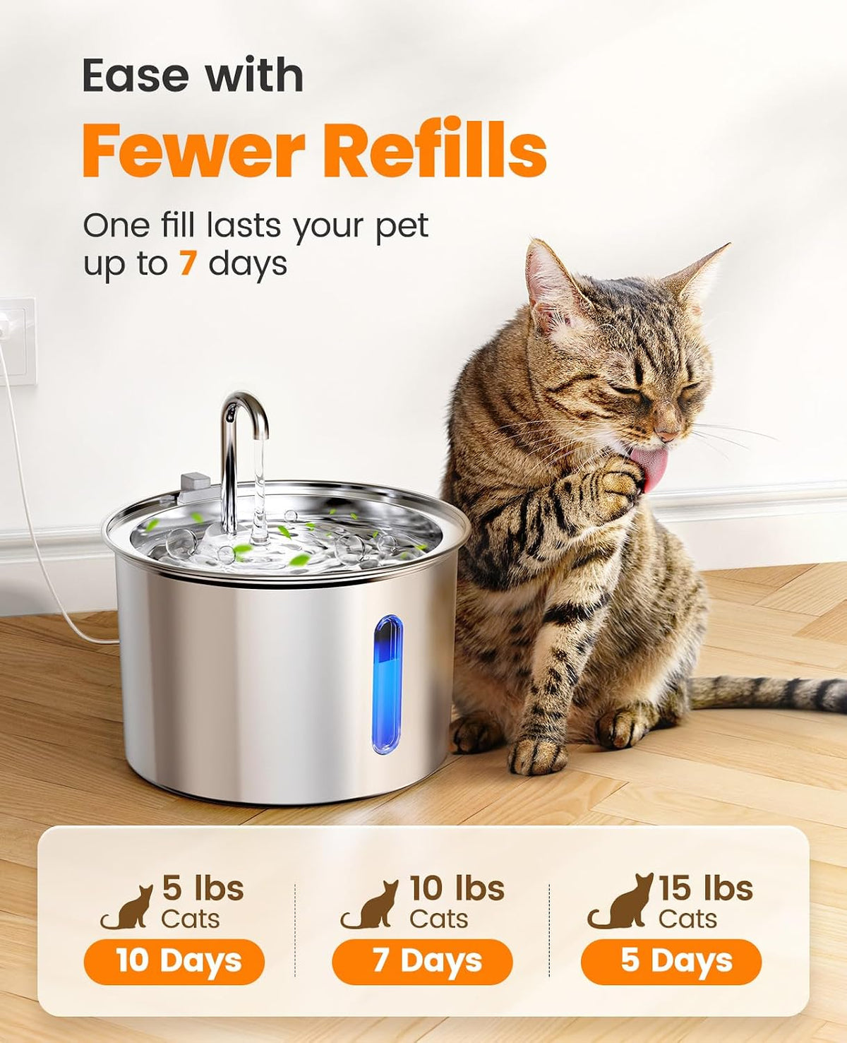 Stainless Steel Cat Water Fountain, 2L Water Fountains for Cats Indoor with Quiet Pump and 3 Replacement Filters, Pet Water Fountain Faucet Spout Design Cat Fountain Drinking Inside, PWF 001