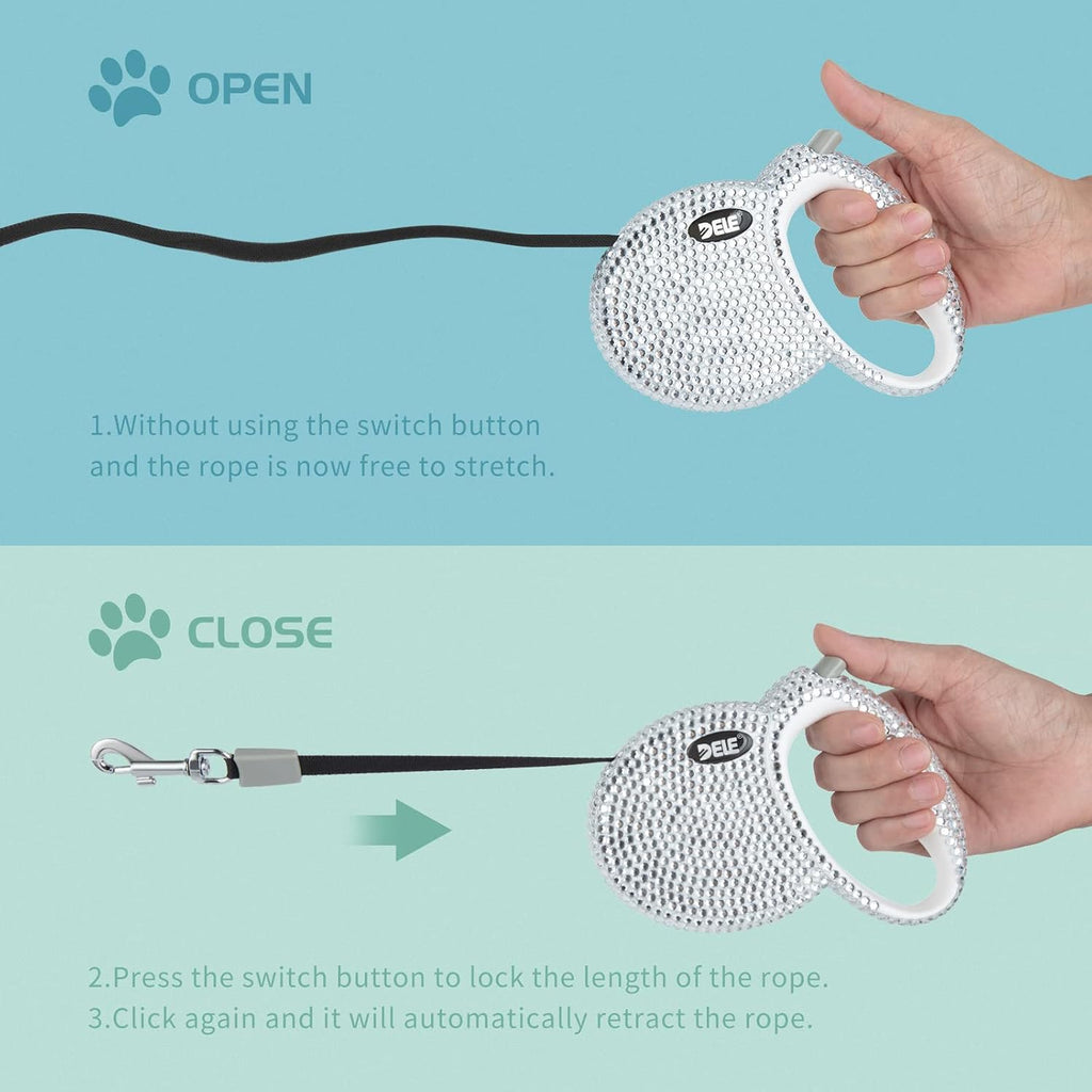 Retractable Dog Leash, Pet Walking Leash with Anti-Slip Handle, Strong Nylon Tape, 360°Tangle-Free, Suitable for Small Medium Dog Cat, Gift Waste Bags Dispenser Included,10 Ft,White