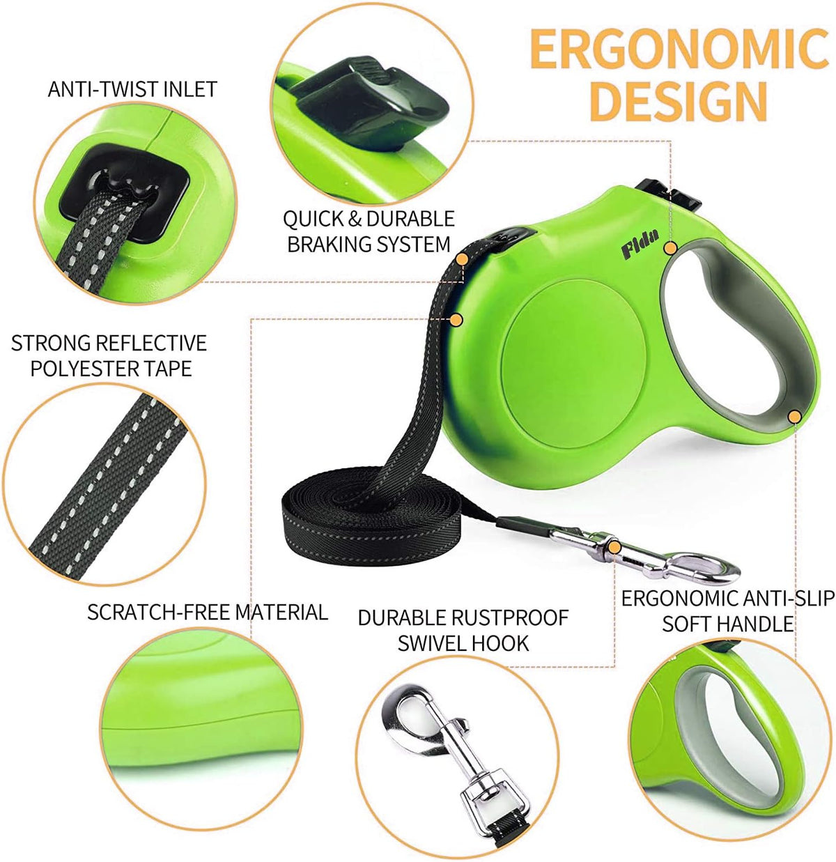 Retractable Dog Leash with Dispenser and Poop Bags, 10 Ft, Green