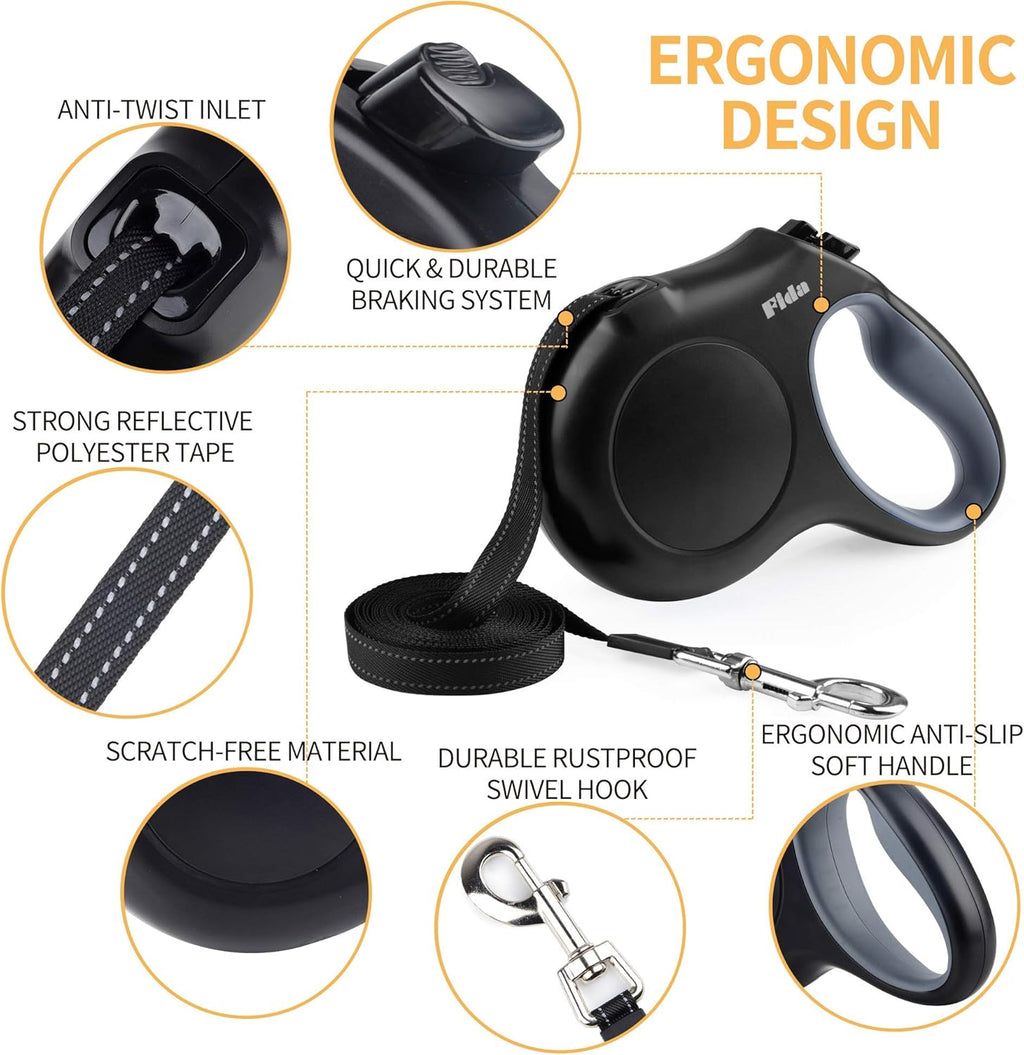 Retractable Dog Leash with Dispenser and Poop Bags, 10 Ft, Black