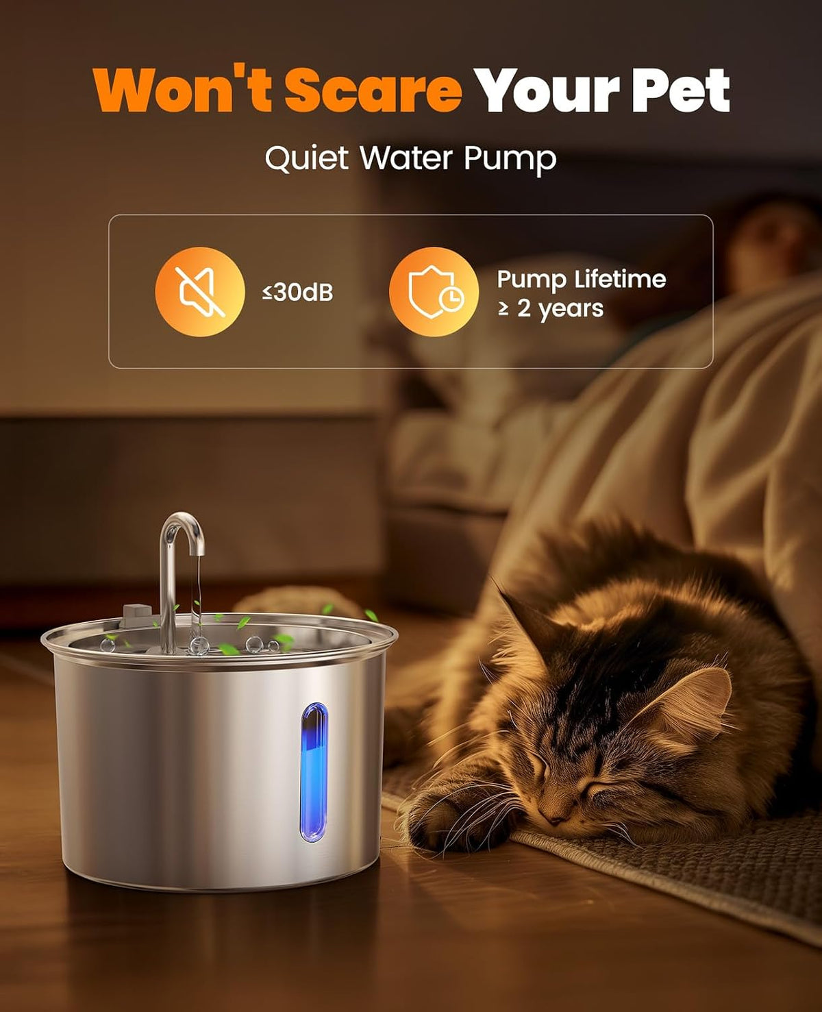 Stainless Steel Cat Water Fountain, 2L Water Fountains for Cats Indoor with Quiet Pump and 3 Replacement Filters, Pet Water Fountain Faucet Spout Design Cat Fountain Drinking Inside, PWF 001
