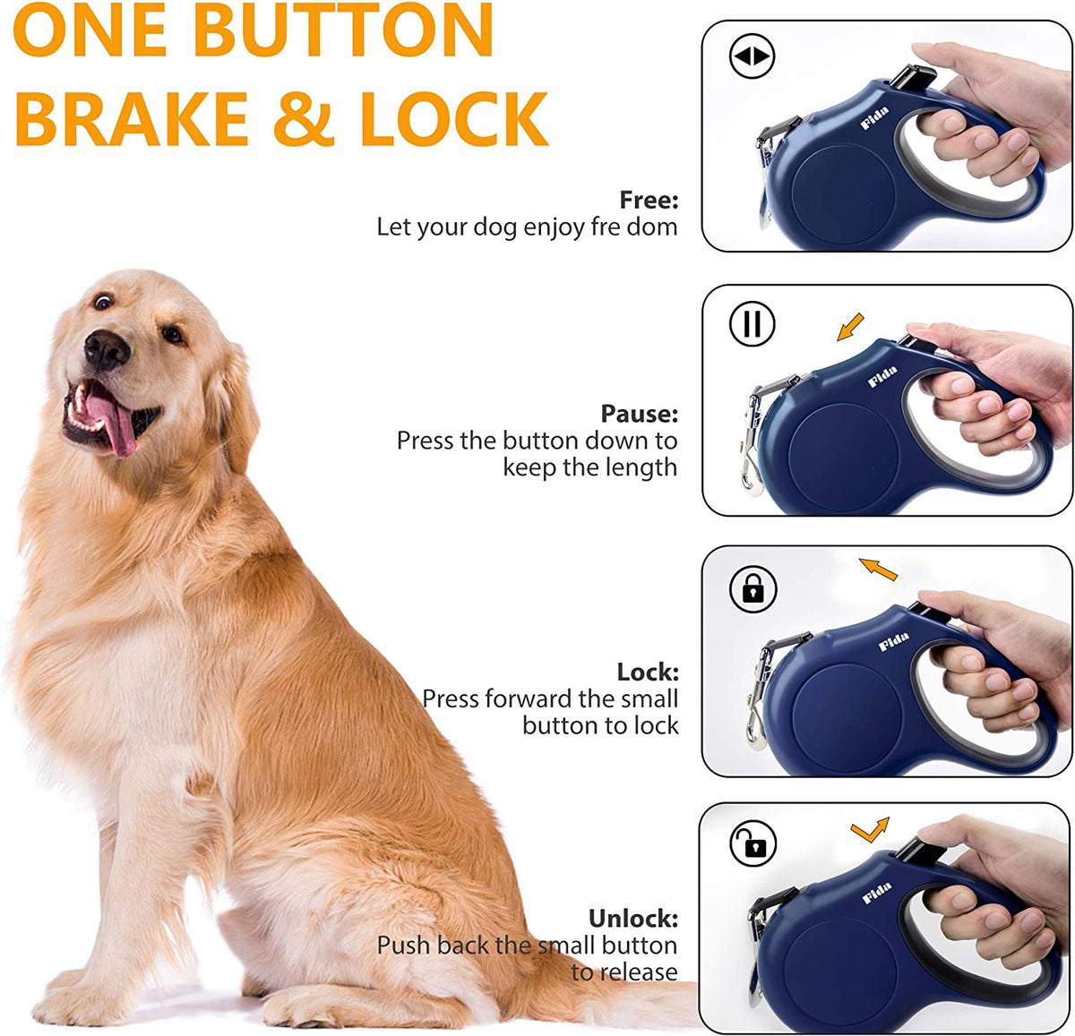Retractable Dog Leash with Dispenser and Poop Bags, 10 Ft, Navy Blue