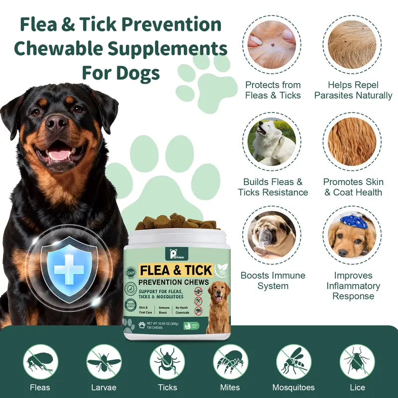 150Ct-Petrivium Dog Flea & Tick Support Soft Chews - Natural Pesticide-Free Vitamin Supplement with Rosemary Repel, Chicken Flavor, Suitable for Puppies & All Breeds/Sizes