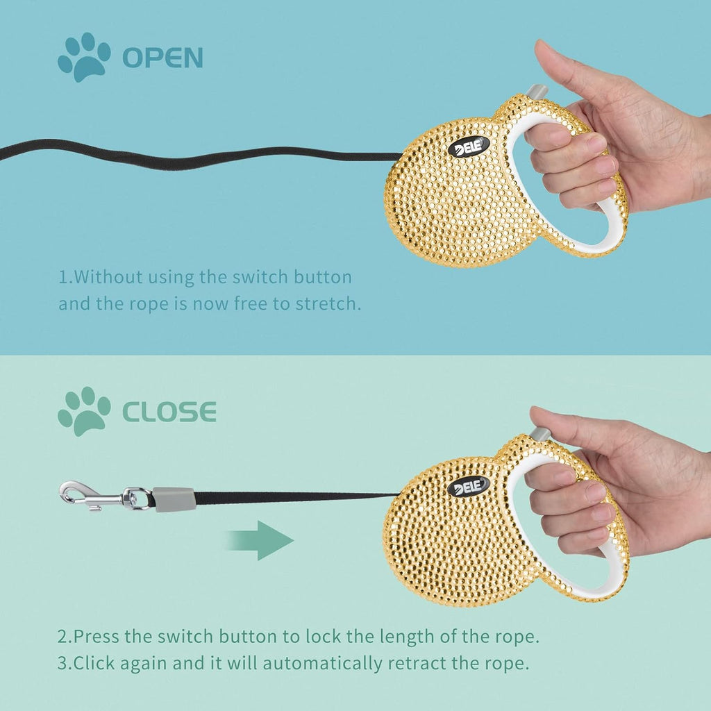 Retractable Dog Leash, Pet Walking Leash with Anti-Slip Handle, Strong Nylon Tape, 360°Tangle-Free, Suitable for Small Medium Dog Cat, Gift Waste Bags Dispenser Included,10 Ft, Gold