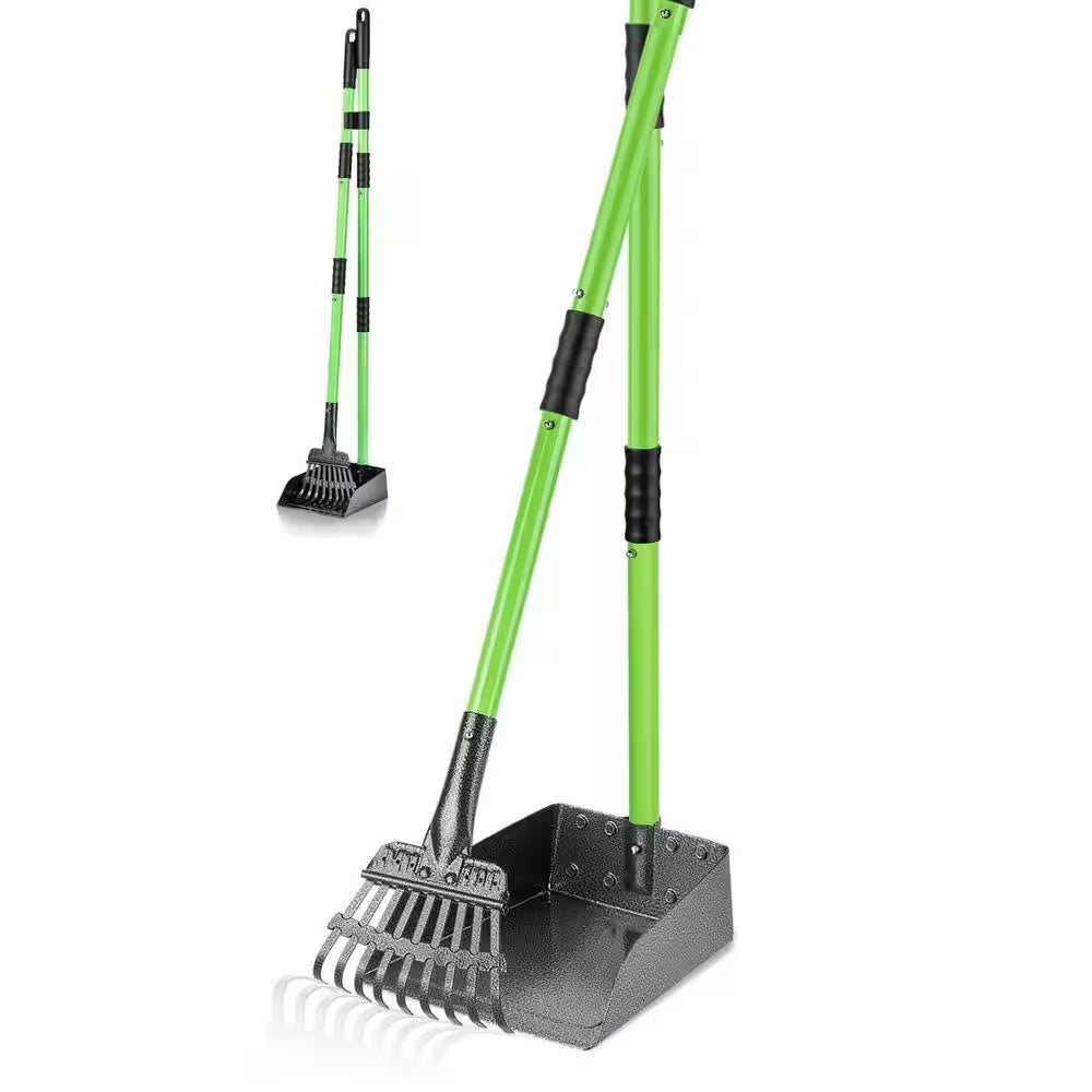 2-Piece Pet Poop Scooper Set with Long Handle Poop Picker Upper and Durable Metal Tray and Rake Garden Tool Set