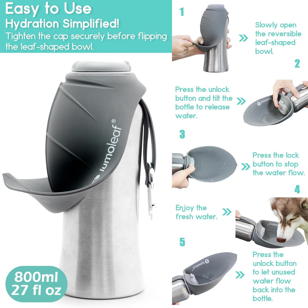 Portable Dog Water Bottle 27 OZ, Stainless Steel Pet Travel Water Bottle Dispenser for Walking, Hiking and Outdoor, Portable Water Bowl for Large Dogs (Grey)