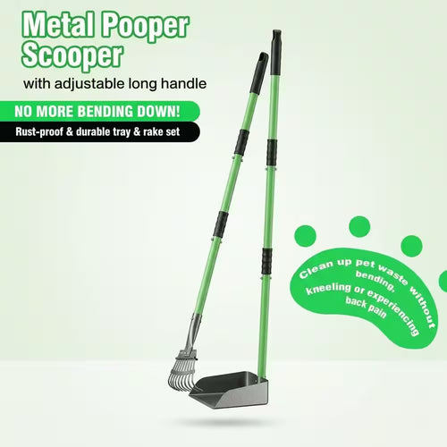 2-Piece Pet Poop Scooper Set with Long Handle Poop Picker Upper and Durable Metal Tray and Rake Garden Tool Set