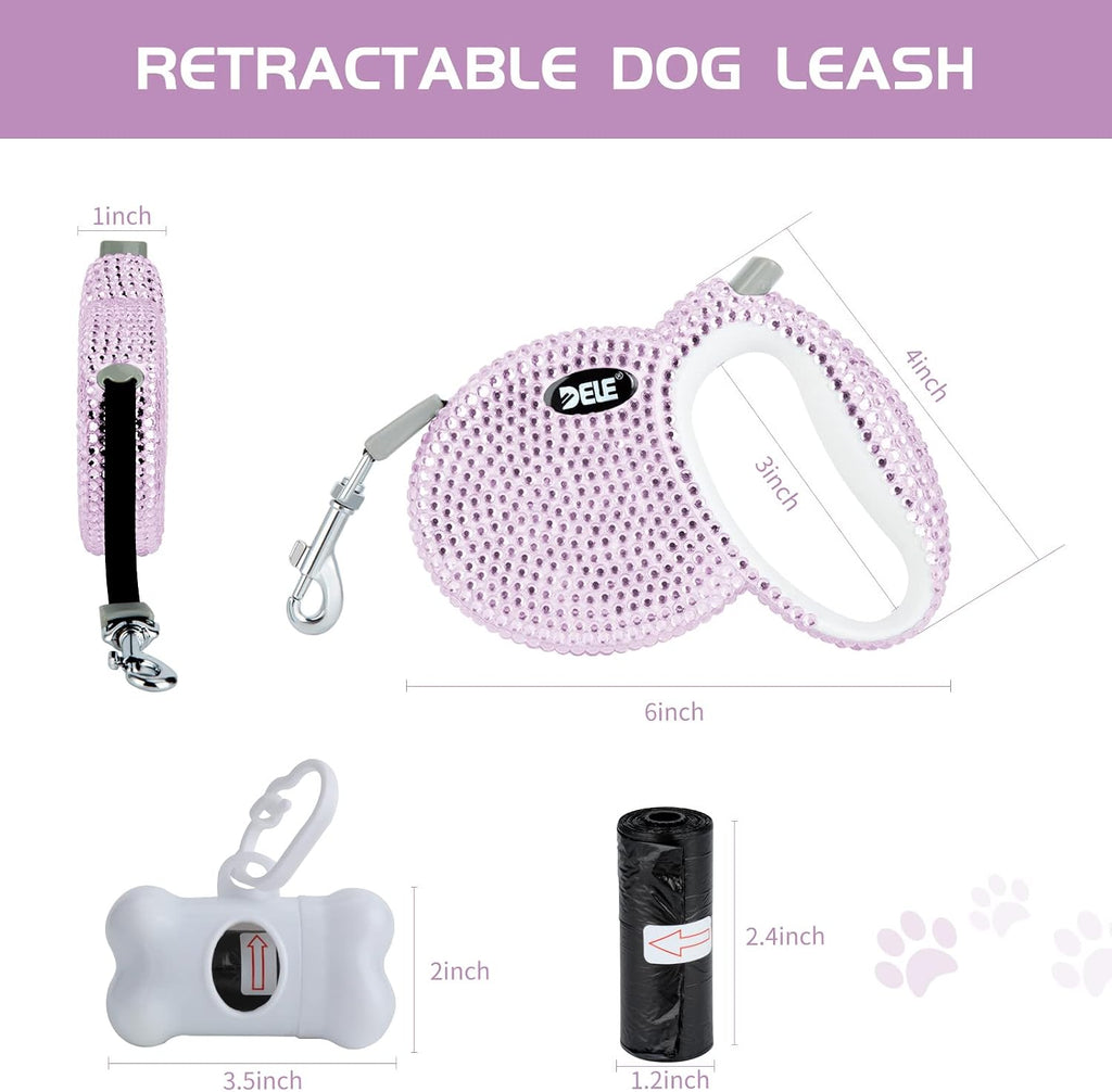 Retractable Dog Leash, Pet Walking Leash with Anti-Slip Handle, Strong Nylon Tape, 360°Tangle-Free, Suitable for Small Medium Dog Cat, Gift Waste Bags Dispenser Included,10 Ft, Pink